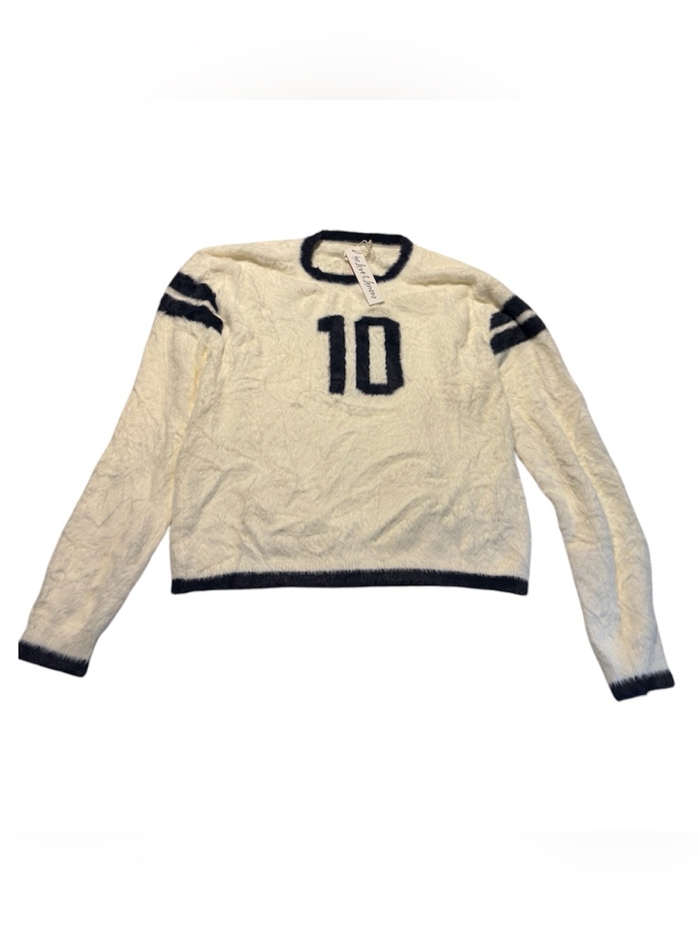 For Love & Lemons Cream Fuzzy Crewneck Sweater with Black Trim and '10'